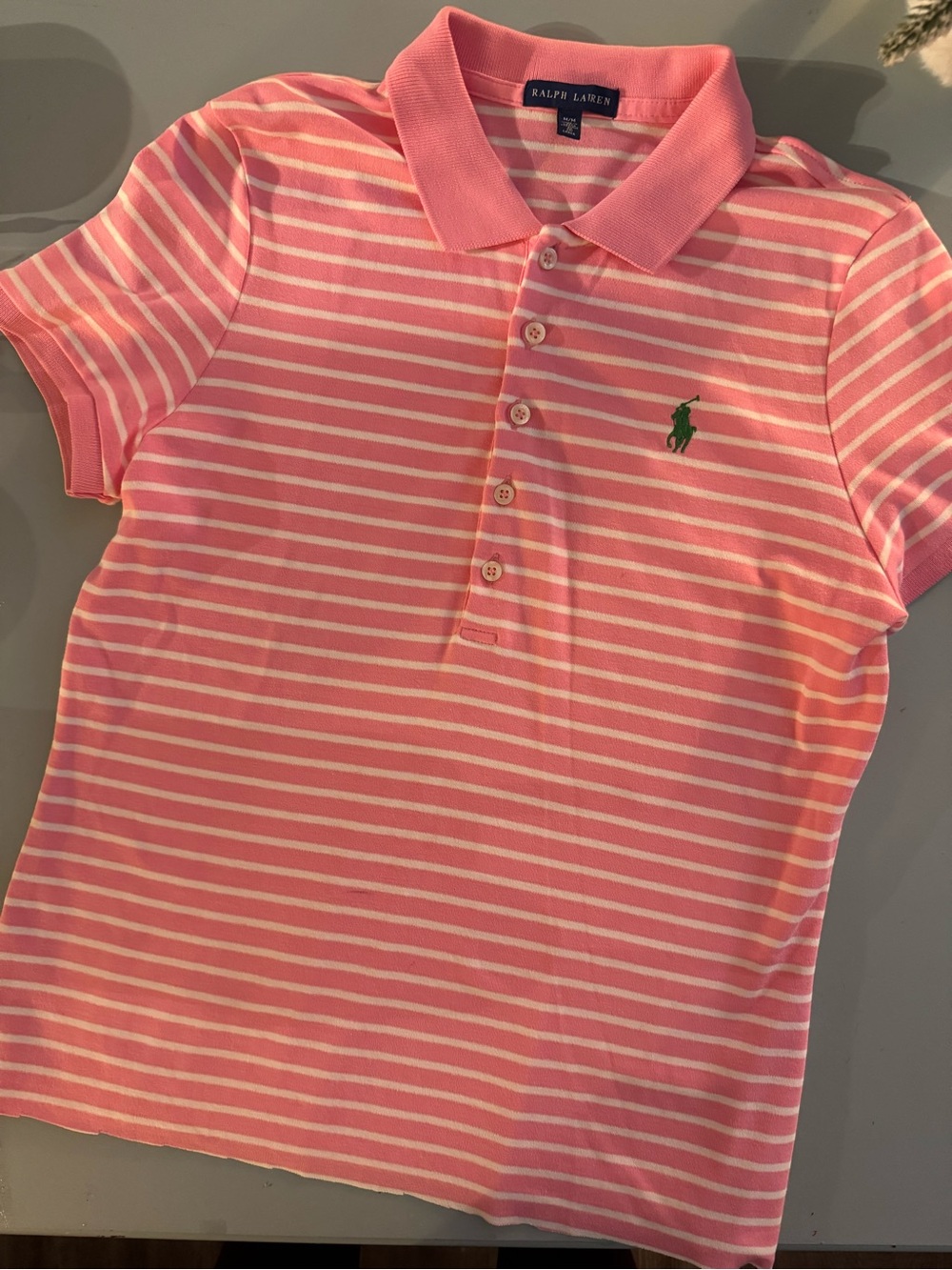 Ralph Lauren Women’s Pink and White Striped Polo Shirt Size M